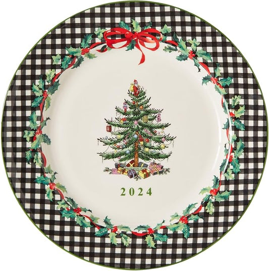 Spode Christmas Tree Collector Plate - Exclusive Border with Red Ribbon & Black Check, Seasonal Display or Holiday Tableware Use, 8" Porcelain Plate - Microwave & Dishwasher Safe, Great Holiday Gift