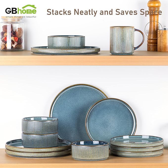GBHOME 12-Piece Stoneware Dinnerware Set for 4 – Ribbed Ceramic Plates and Bowls, Scratch-Resistant, Microwave & Dishwasher Safe, Reactive Glaze, Deep Ocean