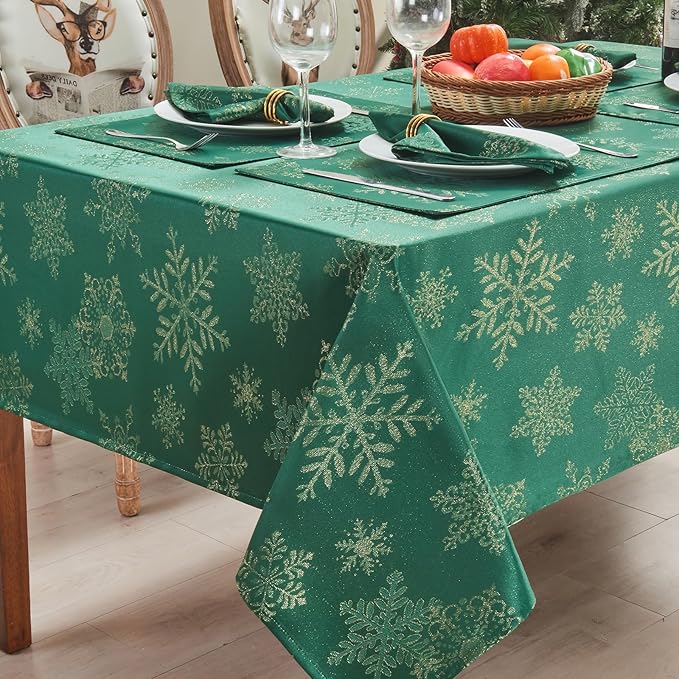 Rectangle Fancy Metallic Sparkling Snowflake Christmas Fabric Table Cloth red Hunter Gold Navy White Silver No-Iron Soil Resistant Woven Holiday Table Cover(Hunter Gold/60x104Inch)