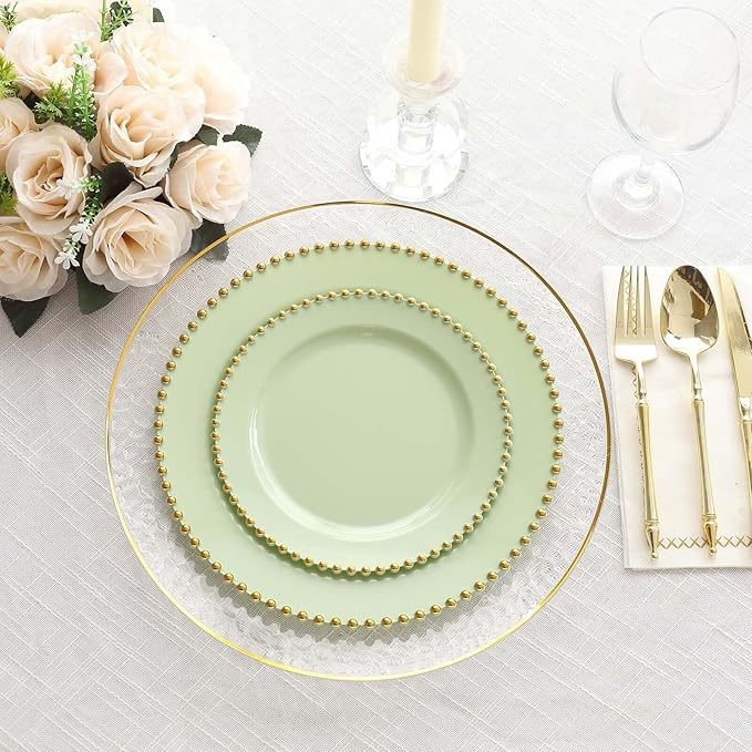 8" Salad Plates - Set of 10 - Plastic Sage Green/Gold Round Disposable Dessert Appetizer Plate Beaded Rim, Ideal for Dinner Party Wedding Bulk Events