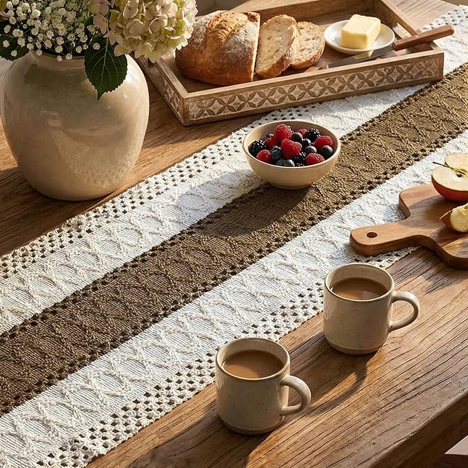 Artoid Mode Light Coffee Farmhouse Rustic Table Runner, Seasonal Holiday Hollow Kitchen Dining Table Decoration for Home Party Decor 12x48 Inch