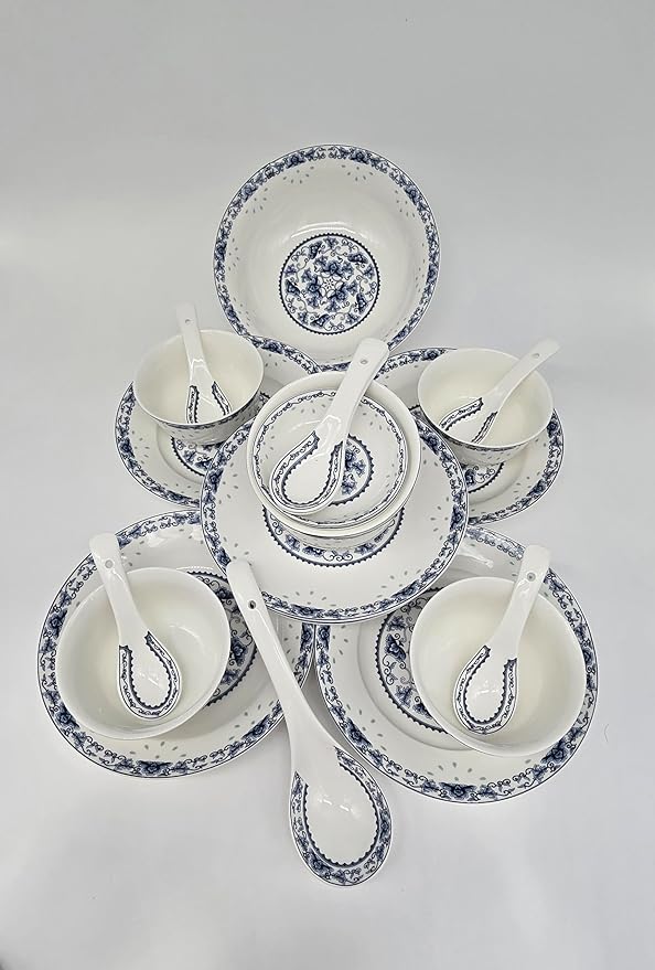28-piece Bone China Blue and White Dinnerware Set Service for 6 Rice Bowl Set Jingdezhen, (blue lotus)