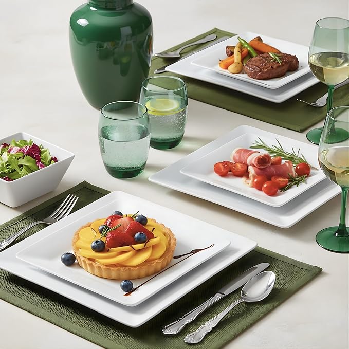 TP 12-Piece Dinnerware Set, Melamine Dishes Set with Bowls and Plates, Non-breakable and Lightweight Square Dinner Set for 4, White