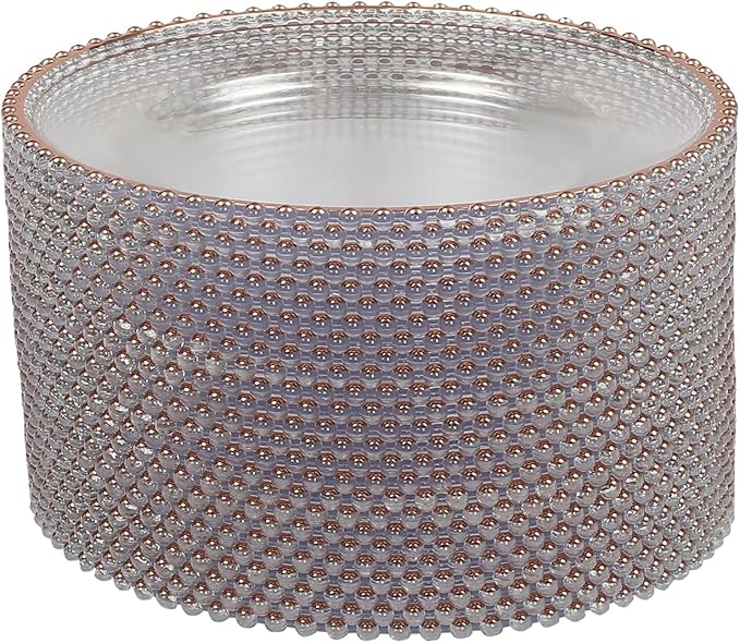 25 Pack Rose Gold Charger Plates – Elegant Round Decorative Plates with Beaded Edge – Clear & Gold Hot-Stamped PS Platters for Weddings, Parties, Banquets – Stackable, Reusable