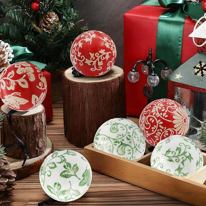 6Pc Red and White Decorative Balls - Balls Ceramics Decorative Chinoiserie Balls for Centerpiece Bowls Farmhouse Basket Tray Vases Decoration Gifts for Dining Table Holiday(Lanyard Style)