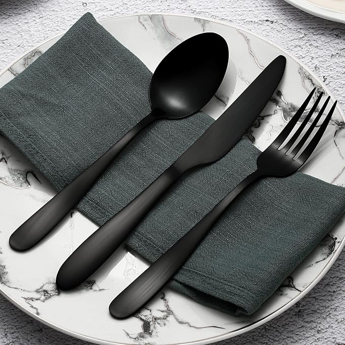 Matte Black Silverware Set for 8, Compralo 40 Pieces Black Flatware Set, Stainless Steel Tableware Cutlery Set Include Fork Spoon Knife, Kitchen Utensil Sets for Home and Restaurant