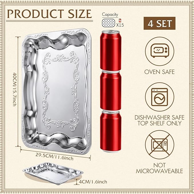 4 Pack Silver Serving Trays Set for Party, Butterfly Floral Silver Platter Engraved Mirror Tray, 15.8 x 11.6 Inches Elegant Metal Plate for Christmas Food Appetizer Cookies Desserts