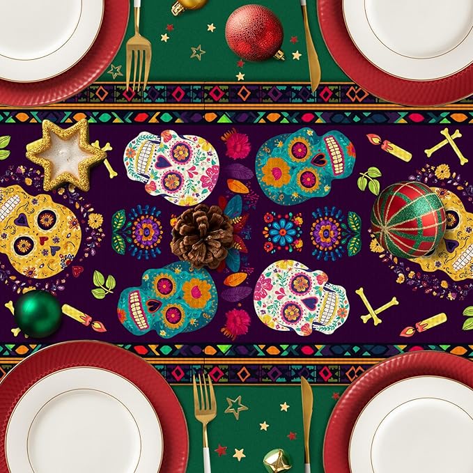 Mexican Skull Flowers Table Runner Seasonal Holiday Kitchen Dining Linen Table Decoration for Indoor Outdoor Home Party Decor 13 x 72 Inch