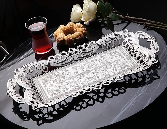 Turkish Tea Coffee Serving Tray with Handles Ottoman Decorative (Silver)