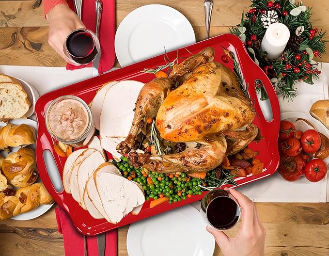 Extra Large Red/White Valentine Serving Tray with Handles, 19''x11.6'' Melamine Platters, Rectangular Trays for Serving Food, Turkey, Cookie, Cupcakes, Desserts, Dishwasher Safe, BPA-Free, Set of 2