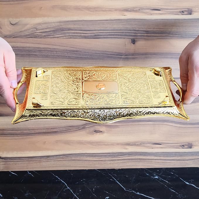 Metal Serving Tray with Raised Edges, Vintage Design Tray, Rectangular Metal Serving Tray, Decorative Serving Platter, Turkish Ottoman Coffee Tea Beverage Serving Square Tray (Gold)