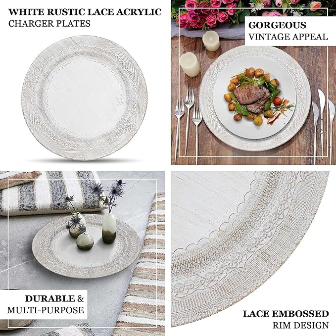Efavormart 6 Pack | 13" White Rustic Lace Embossed Acrylic Plastic Charger Plates