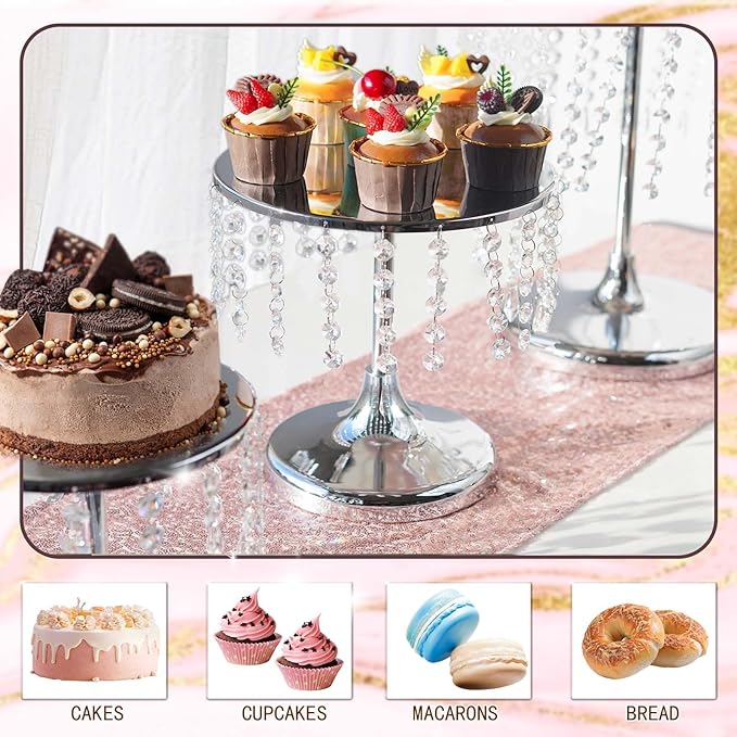 Metal Mirror Cake Stand Set with Crystal Pendants - Elegant Dessert Table Display for Weddings, Birthday Parties, Baby Showers, Events - Sturdy Crystal Bling Cupcake Stands for Pastries, Sweets, Decorations (Silver, Set of 3)