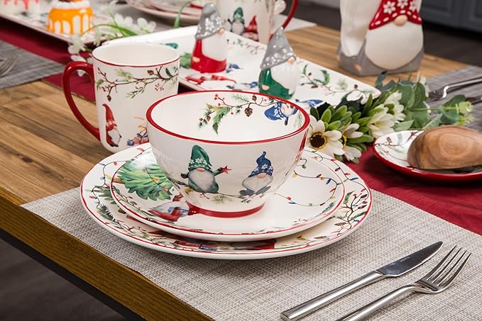 Bico Christmas Gnomes Dinner Plates Set of 4, 11 Inch Large Ceramic Plates for Pasta, Steak, Stylish Serving Dishes, Microwave and Dishwasher Safe, Gift for Housewarming and Christmas