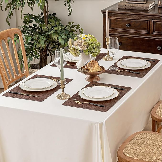 Romanstile Vinyl Placemats Set of 4-12 X 17 Inch - Heat Resistant Non-Slip Embossed Floral Place Mats 100% Waterproof Oilproof Wipeable Faux Leather Table Mats for Kitchen/Dining/Party, Brown