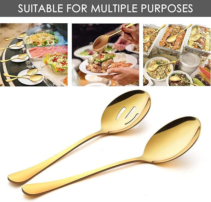 LIANYU 8 Pack Gold Slotted Serving Spoons, 8.7 Inch Stainless Steel Serving Utensils Spoon Set for Banquet Catering Buffet Dinner Restaurant Party