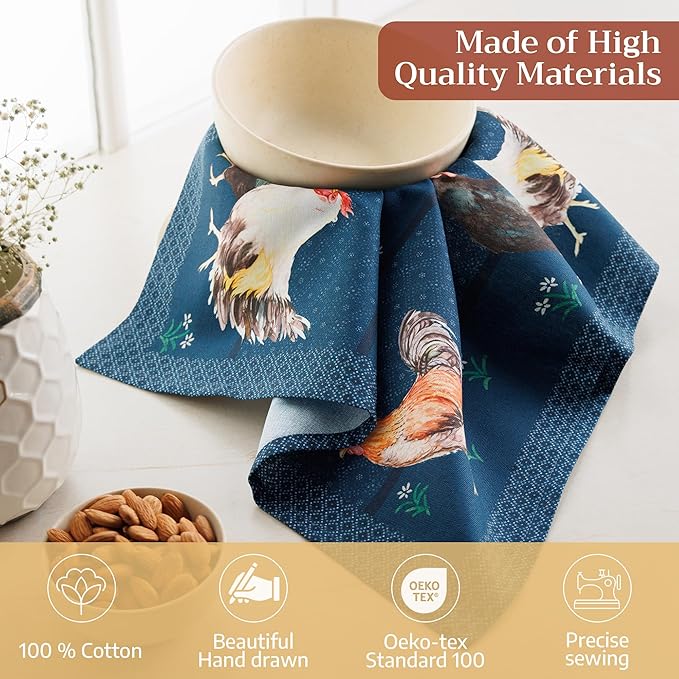 Maison d' Hermine Cloth Napkins Set of 4 100% Cotton Soft & Durable Everyday Reusable Square Napkins Cloth Washable, Dinner, Cocktail Party, Wedding, Restaurant (Meadow Rooster, 18" x 18")