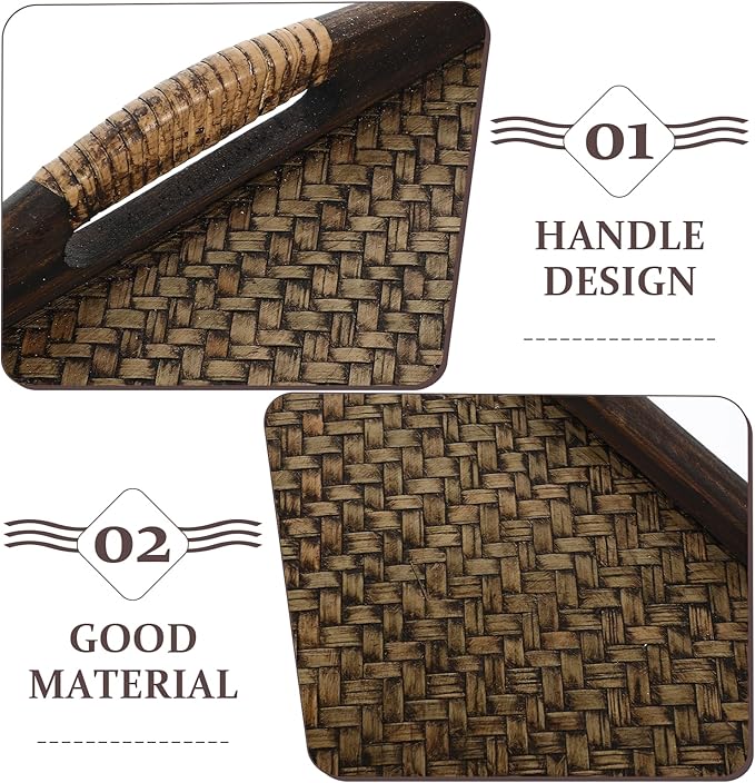 Large Rectangular Wood Tea Tray with Raised Handles, Southeast Asian Style Rattan Woven Serving Tray for Tea Room, Dessert, Fruit Bread, and Beverage Display