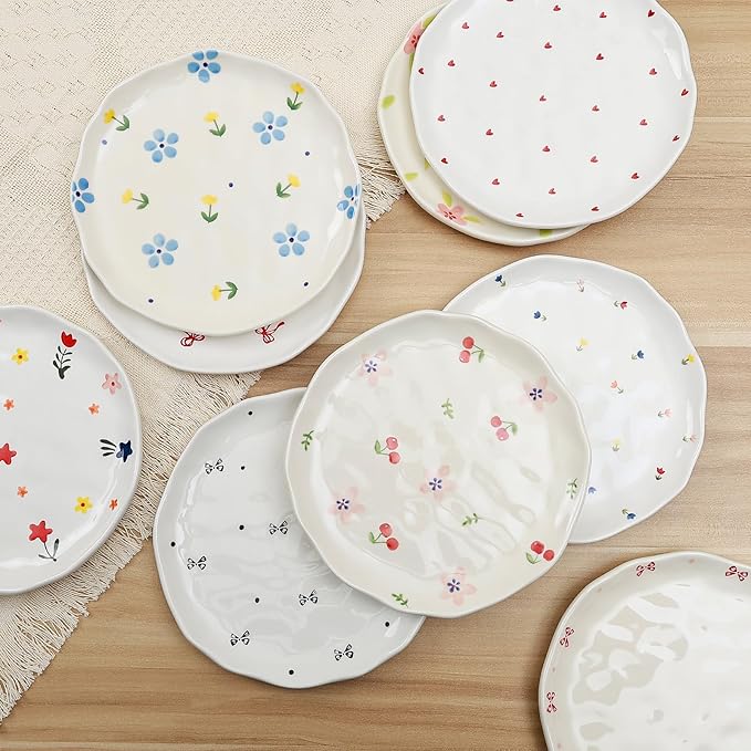 Koythin Floral Ceramic Dinner Plates, 8" Microwave Safe Dishes for Pasta, Modern Rustic Appetizer Plate for Salad Fruits Dessert Cake (Pink Bow)