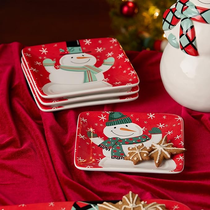 Christmas Whimsy Snowman Set of 4 Canape Plates – 6-Inch Square Ceramic Appetizer Plates Featuring Assorted Snowmen in Winter Attire – Holiday Party Ready – Microwave & Dishwasher Safe