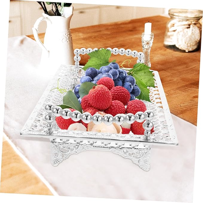 GLEAVI Nordic Style Metal Fruit Serving Tray with Handle Mirrored Silver Snack Storage Dish for Parties KTV and Home Decor Decorative Candy Nut and Dried Fruit Platter