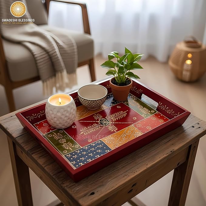 Swadeshi Blessings Handcrafted & Hand-Painted Embossed Wooden Serving Trays Set of 3- for Kitchen/Table & Home Decor/Dinning/Gifts/Restaurants/Living Room/Coffee Table (AntiqueRed)