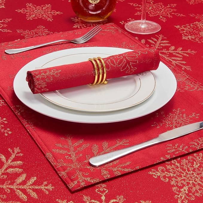 Rectangle Fancy Metallic Sparkling Snowflake Christmas Fabric Table Cloth red Hunter Gold Navy White Silver No-Iron Soil Resistant Woven Holiday Table Cover(Red Gold/60x104Inch)