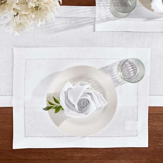 Home Ekaa Linen Table Runner 90 inches Long – Medium Weight Hemstitch 100% Pure Linen Off White Dining Table Runner 14 x 90 Inch for Spring, Summer, Wedding Decorations, Gift – Azure