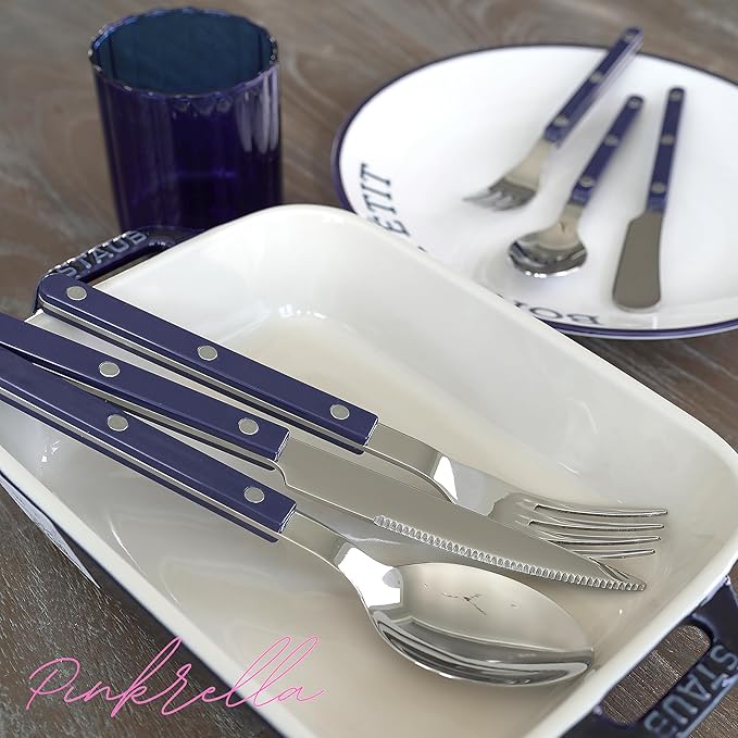 6-Piece Stainless Steel Flatware Silverware Cutlery Set - Color Handle with Rivet/Retro Style - Includes Dinner Knife; Dinner Fork; Salad Fork; Soup Spoon; Teaspoon; Spreader (NAVY)