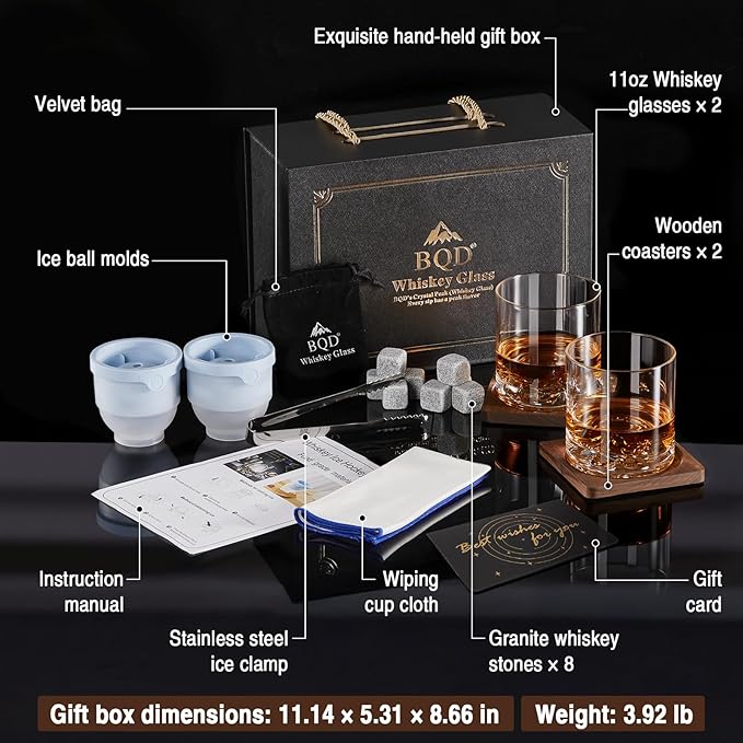 BQD Old Fashioned Whiskey Glasses Set 2-Pack with Gift Box, Ideal Retirement Gifts for Men & Cocktail Glasses for Celebrations