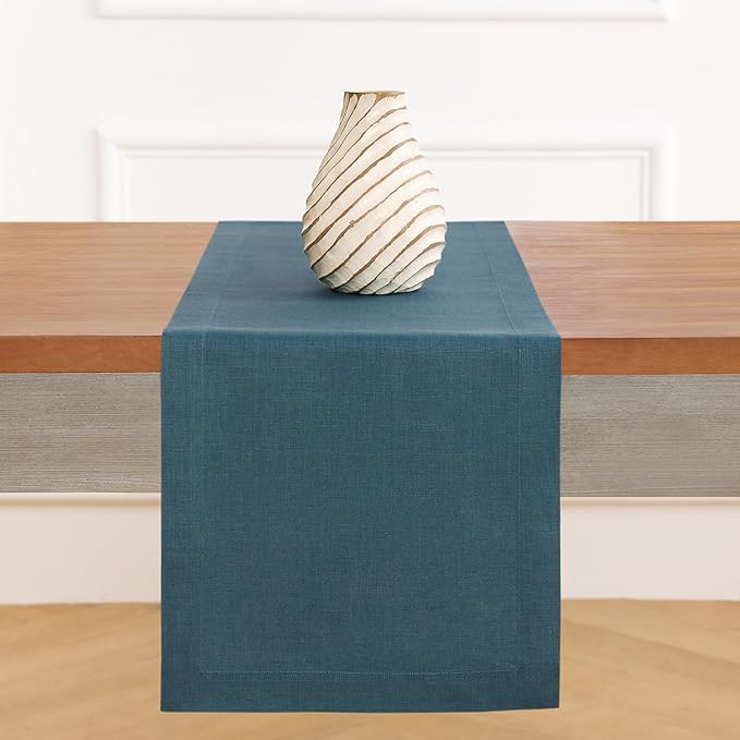 Solino Home Peacock Blue Table Runner 36 Inches - 100% Pure Linen Short Table Runner 14 x 36 Inch Ideal for Dresser and Coffee Tables - Fete