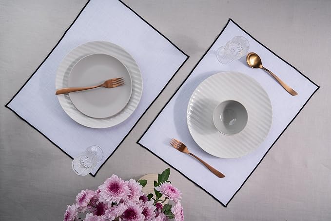 D'Moksha Homes White Linen Placemats with Black Embroidered Trim, Set of 4-14 x 19 Inch, 100% Pure Linen Cloth Placemats White & Black for Dining, Christmas, Holiday, New Year - Machine Washable