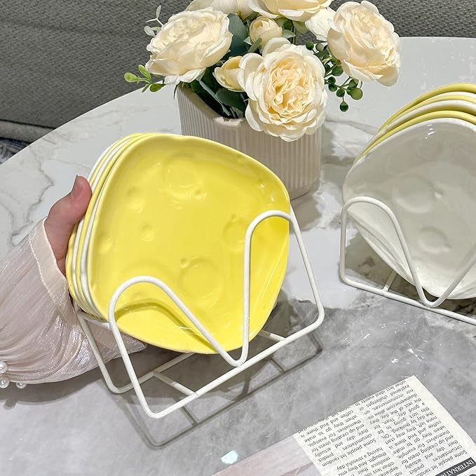 Cheese-Themed Ceramic 5.5in Small Appetizer Plates Set with Hoder,Square Plates for Dessert,Saucer,Microwave&Dishwasher Safe (cheese yellow)
