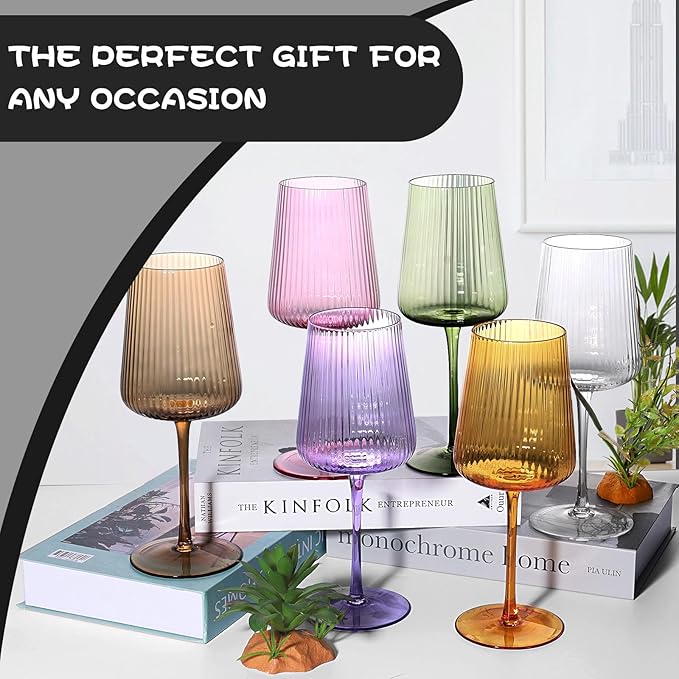 Hand Blown Ribbed Wine Glasses with stem, Lead-Free Crystal Glasses, Luxury Gift, Set of 6, Unique, 18oz Premium Wine Goblet, Large capacity, Fluted Design (6pcs mixed colored)