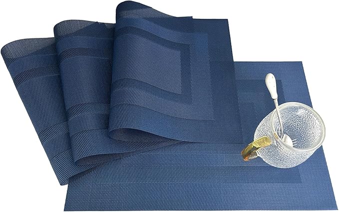 Placemats,PlasticVinyl Washable Heat-Resistant Durable PVC Non-Slip Woven for Kitchen Dining Table Mats (Blue-Midnight, Set of 6)