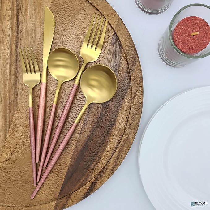 Elyon Lea 20-Piece Matte Gold/Rose Lea Flatware Set, Stainless Steel, Rose Thin Handles, Service For 4