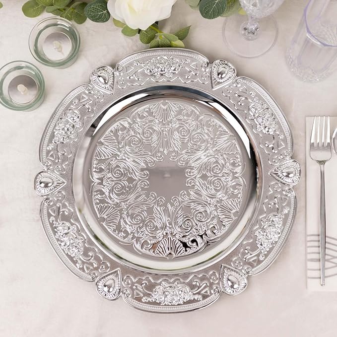 Efavormart 6 Pack Silver Floral Embossed Acrylic Charger Plates With Scalloped Rim, 13" Round Plastic Decorative Serving Plates