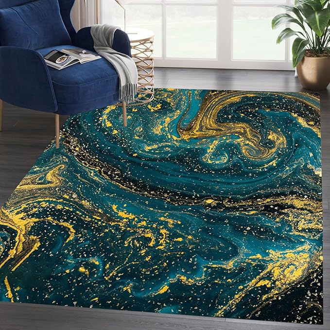 Luxury Abstract Marble Texture Area Rugs for Living Room Bedroom Dining Room Faux Wool Soft Kitchen Carpet Non-Slip Machine Washable Floor Mat 6x8 Blue Gold