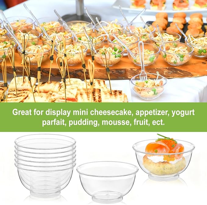Zezzxu 100 Pack 2 oz Mini Dessert Cups, Clear Plastic Reusable Small Round Party Serving Tiny Bowls for Individual Appetizers, Trifle, Cheesecake, Hors D'oeuvres