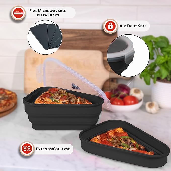 PIZZA PACK The Perfect Reusable Pizza Storage Container with 5 Microwavable Serving Trays - BPA-Free Adjustable Pizza Slice Container to Organize & Save Space, 4 Pack, Black