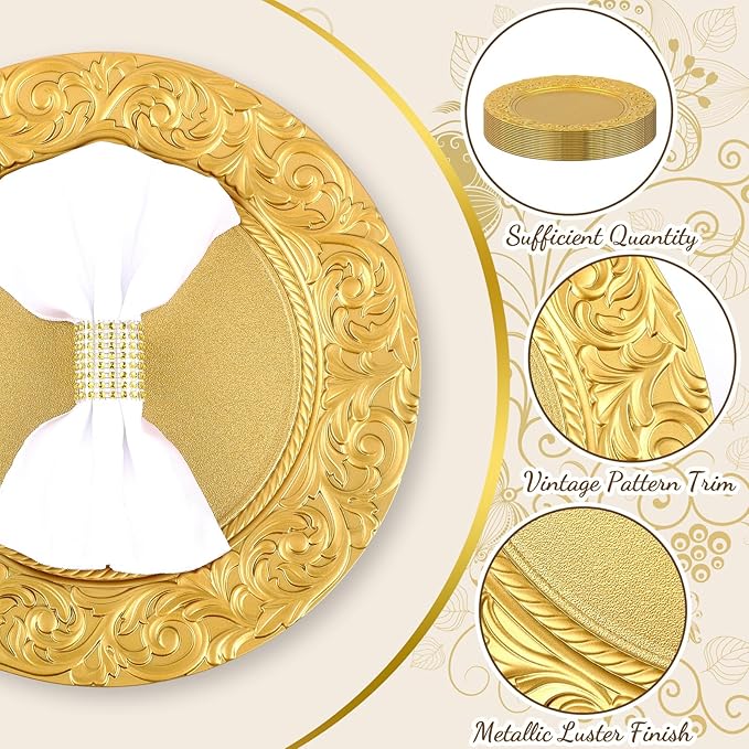 Uiifan 24 Pcs Antique Charger Plates Bulk 13'' Plastic Embossed Dinner Plate Chargers Round Floral Plates for Wedding Decorative Chargers for Table Dinner Kitchen Party Decoration (Gold)