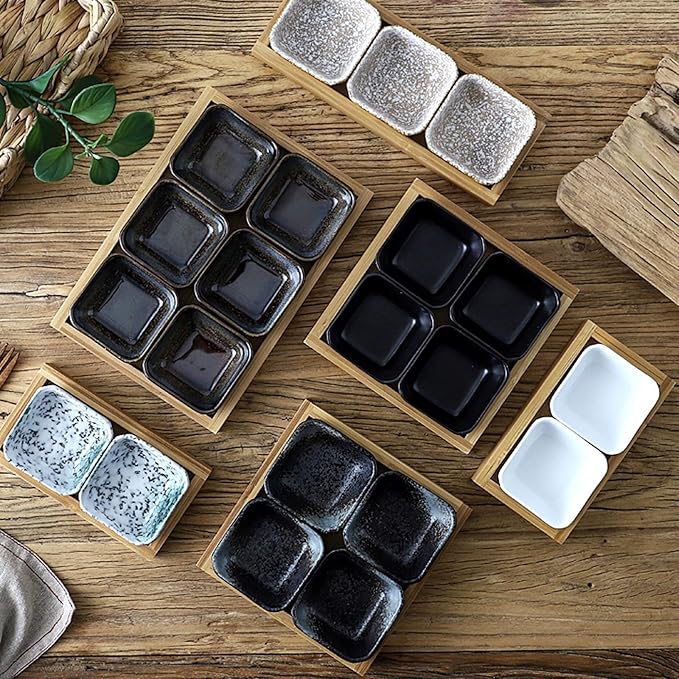 Sauce Dipping Saucer Sauce Dipping Bowls 3.3 Oz Soy Sauce Dipping Bowls Side Dish Plates for Snack Sushi Fruit Appetizer Dessert Ceramic Dip/Dipping Bowls Set Of 3 with Bamboo Tray Soy Sauce Bowls Di