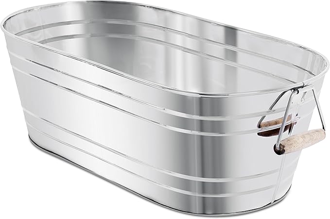 BirdRock Home Stainless Steel Beverage Tub with Stand - Oval - Bottom Tray - Party Drink Holder - Wooden Handles - Outdoor or Indoor Use - Free Standing