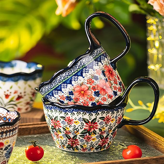 OZY Handpainted Soup Bowl with Handle,Ceramic Cereal Bowl Great for Soup, Ice cream, Fruits,Snack,Microwave &Dishwasher Safe (Daisy)
