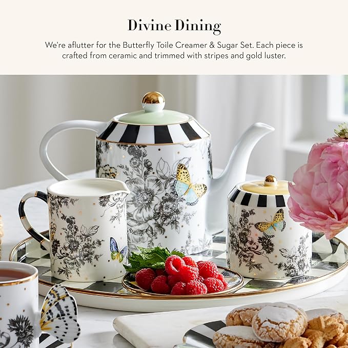 MACKENZIE-CHILDS Creamer and Sugar-Bowl Set, Cream Dispenser and Sugar Holder, Unique Kitchen Decor, Butterfly Toile