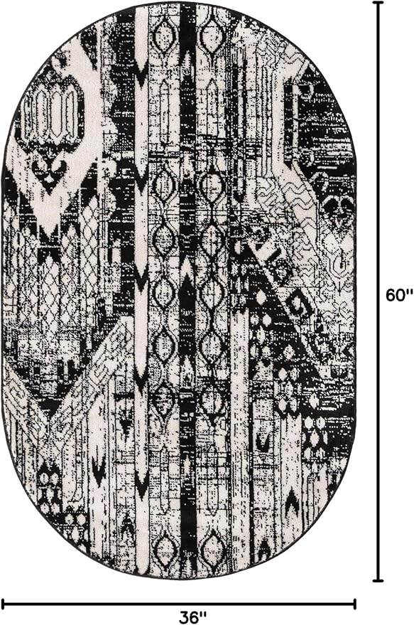 Rugs.com Oregon Collection Rug – 3' x 5' Oval Black and White Low-Pile Rug Perfect for Living Rooms, Large Dining Rooms, Open Floorplans