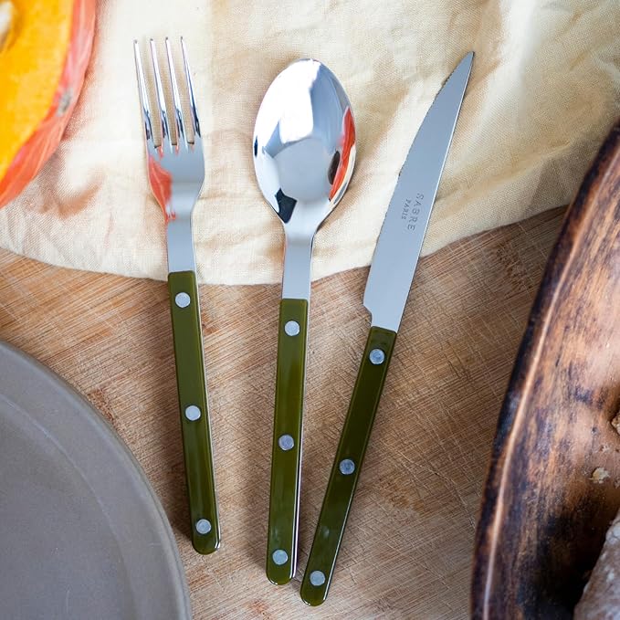 SABRE PARIS - 20-Piece Flatware Set for 4 - Bistrot Collection - Knife, Fork, Soup Spoon, Teaspoon & Dessert Fork - Stainless Steel & Nylon - Dishwasher Safe - Green Fern - Shiny Finish