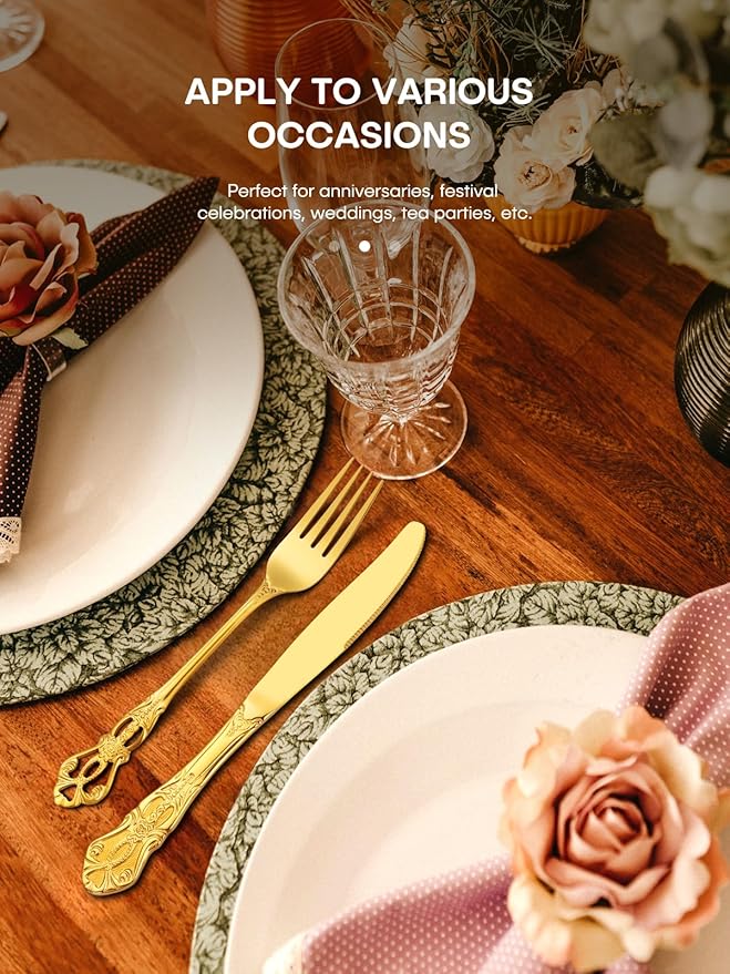 Stapava 30 Pcs Retro Royal Gold Silverware Set, Stainless Steel Gold Utensils Cutlery Set for 6, Gorgeous Flatware Set Include Forks Spoons and Knives set, Dishwasher Safe, Mirror Polished