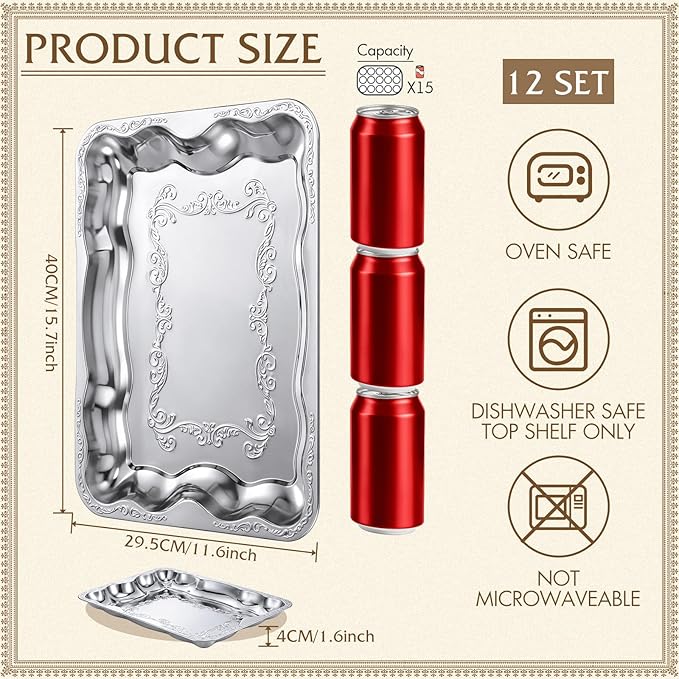12 Pack Silver Serving Trays Set for Party, Butterfly Floral Silver Platter Engraved Mirror Tray, 15.8 x 11.6 Inches Elegant Metal Plate for Christmas Food Appetizer Cookies Desserts