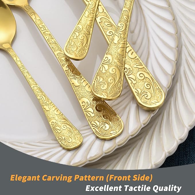 20-Piece Vintage Carved Gold Silverware Set, 18/10 Stainless Steel Flatware Set for 4, LaienLife Mirror Polished Modern Gold Utensils, Including Forks Spoons Knife for Home & Kitchen, Dishwasher Safe